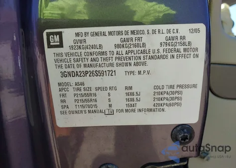 2006 Chevrolet Hhr Lt из США, поврежденный, VIN 3GNDA23P26S591721